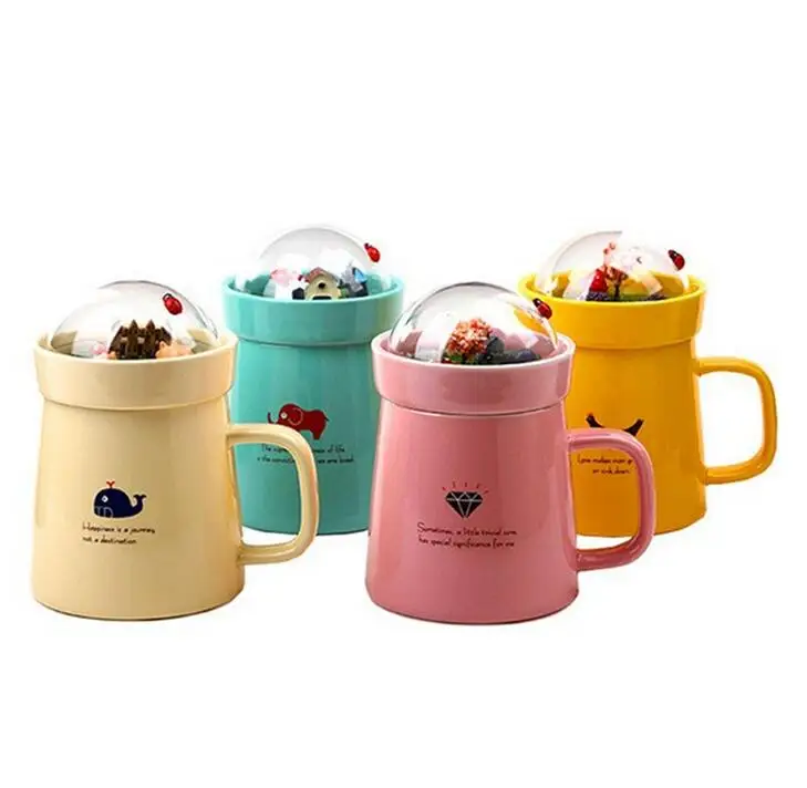 400ML Creative DIY Micro Landscaped Garden Ceramic Cup Ceramic Lid Cute Coffee Cups and Mugs Canecas