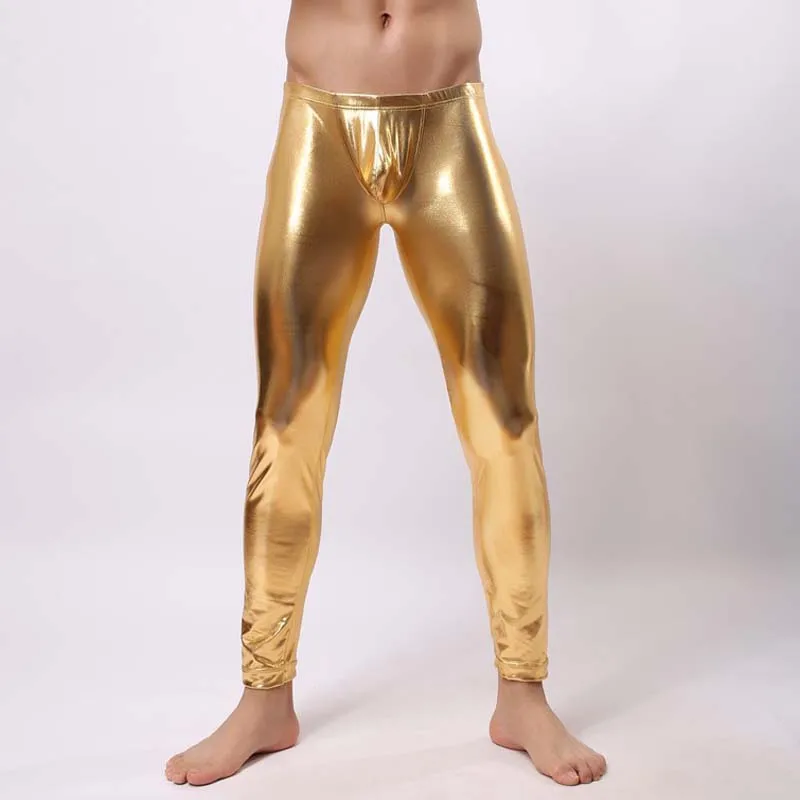 Мужские бронзовые штаны, облегающие модные повседневные мужские брюки из полиэстера, сексуальные брюки, узкая Пижама - Цвет: Золотой