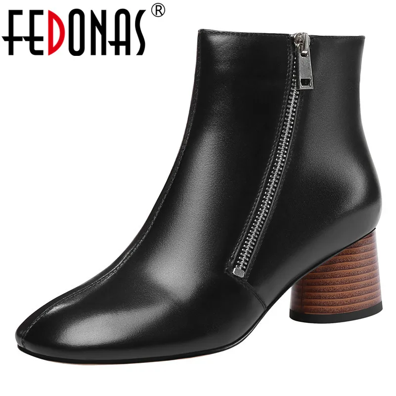 

FEDONAS New Winter Fashion Concise Chelsea Boots Genuine Leather Zipper Women Ankle Boots Elegant Round Heels Basic Shoes Woman