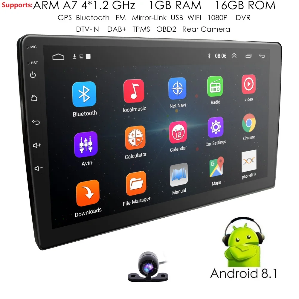 

Android 8.1 Universal Car Radio Touch screen Bluetooth Wifi GPS Stereo Multimedia Player Mirror link USB DVR Free rear Camera