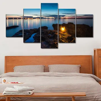 

5 Panels Seaside Camping Lamp Seascape and Landscape Print on Canvas Painting for Living Room Wall Art Office Home Decoration