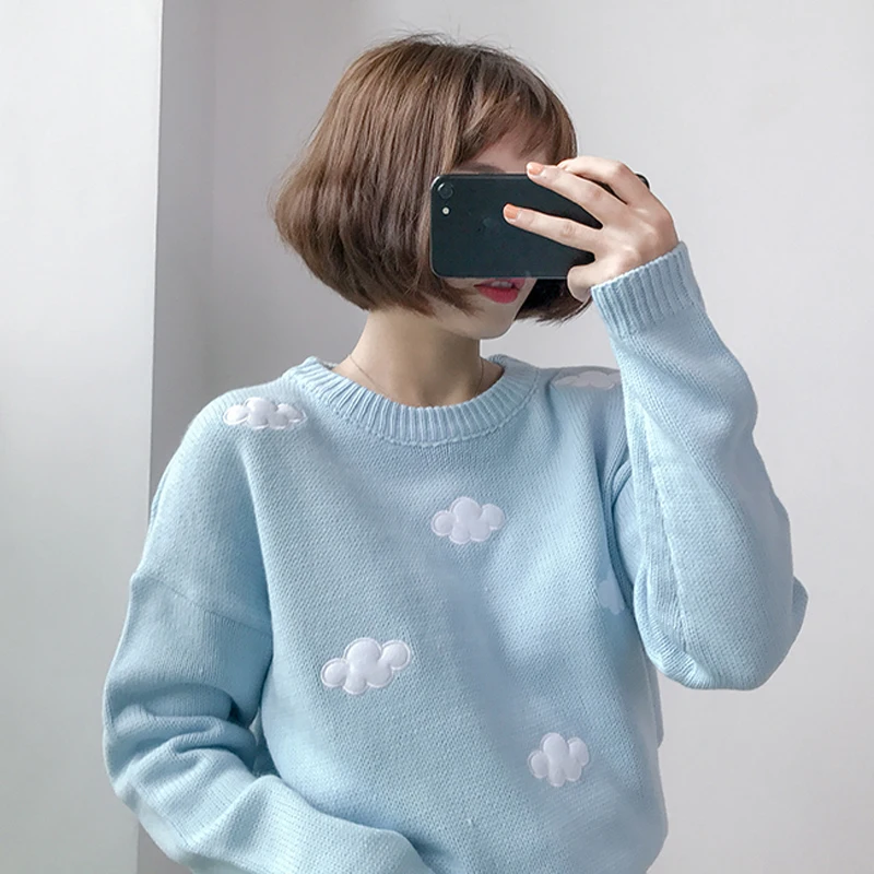 

2017 Korean winter women's new small fresh sweet clouds Pullover Sweater Coat loose knit Winter Women Harajuku Sweater