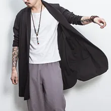 Осенний кардиган мужской длинный китайский стиль винтажный свободный большой размер Male мужской сплошной цвет черный серый Жакет длинный рукав кардиган