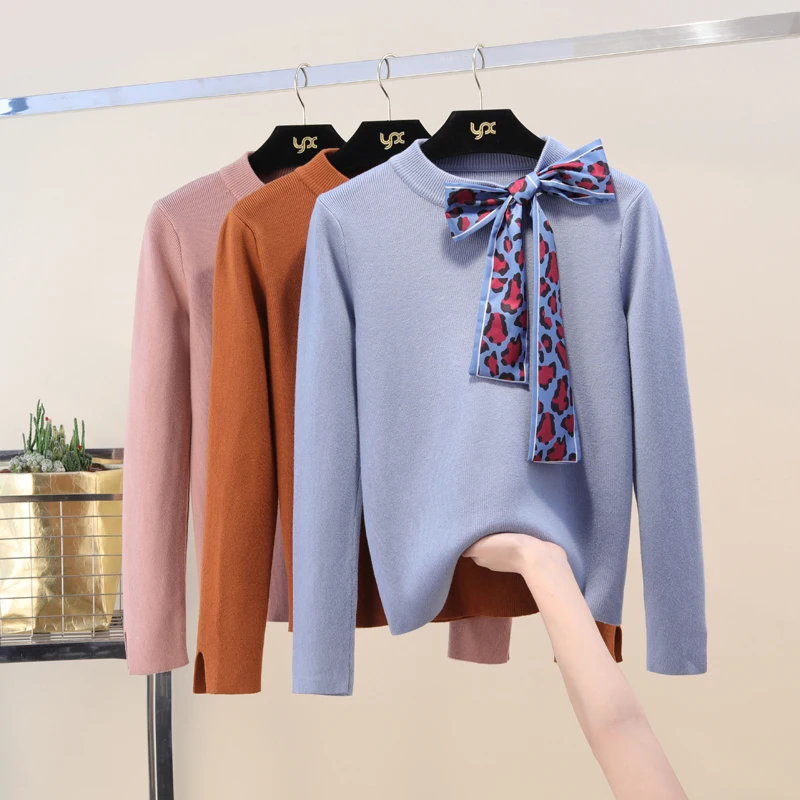 

leopard-print bow sweater in autumn and winter with long-sleeved underwear, half-high collar and bottom knitted sweater