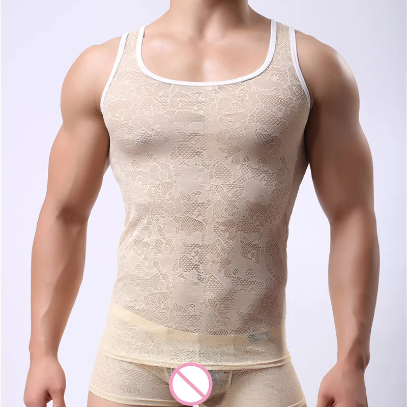 Sexy Men Undershirts Mesh Sexy Tops Tees Shirts Transparent Bodybuilding Gay Male Singlets Lace See Through Undershirts Fashion
