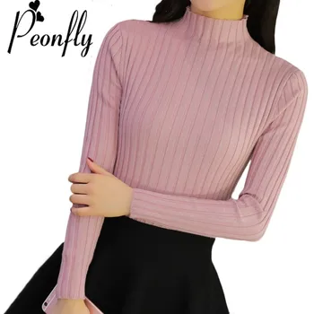 

PEONFLY Women Half Turtleneck Knitted Striped Women Sweater And Pullover Female Tricot Jumper Pull Femme Autumn Winter