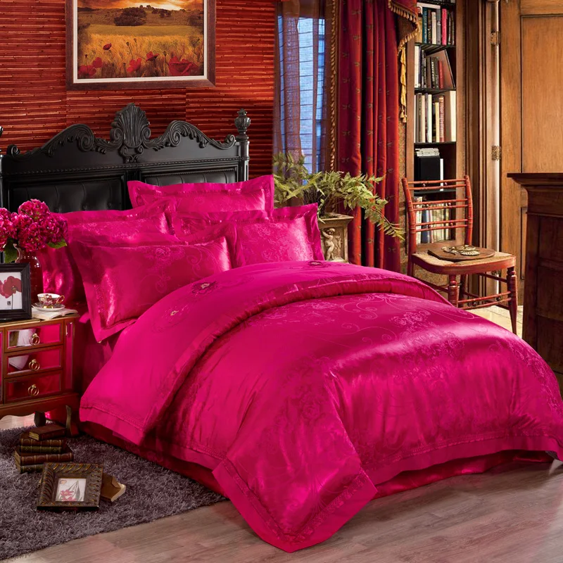 Flower satin 100% cotton silk jacquard bedding set king queen size embroidered luxury comforter quilt cover wedding bedspread