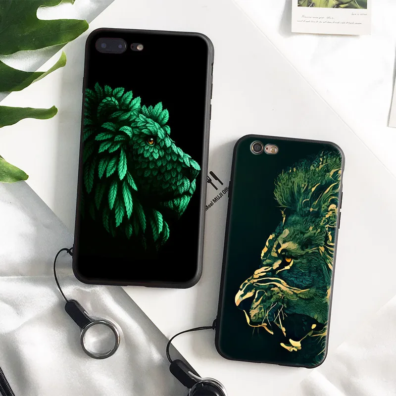 

Abstract lion Green leaf Coque Soft Silicone Phone Case Cover Shell For Apple IPhone 5 5s SE 6 6S 6Plus 6sPlus 7 7Plus 8 8Plus X