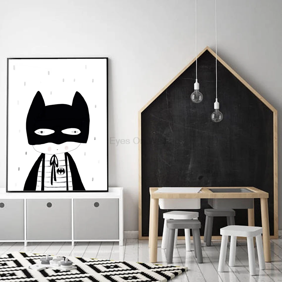 

Black and White Cartoon Superhero Posters Scandinavian Decor Kids Canvas Painting For Baby Boys' Room Modern Home Wall Picture