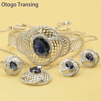 

Otogo Transing wholesale 2019 Silver Color Jewelry Set Fashion Charm Blue Crystal Ring Earrings Necklace Bracelet Flower SET206