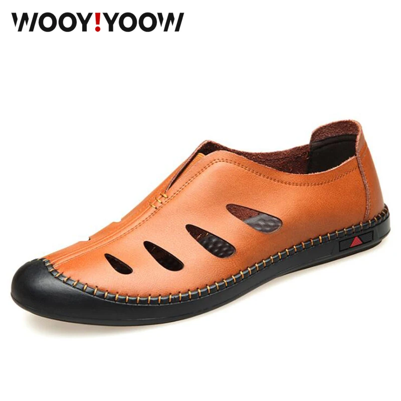 

WOOY!YOOW2019 summer new style Genuine Leather Men's beach shoes Breathable Slip On Sandals Soft bottom driving shoes