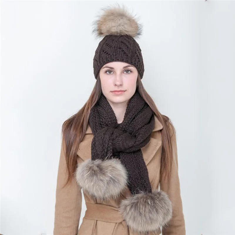 2 Pieces Set Fur Pompoms Beanie Scarf Hat Warm Knitted Winter Hats