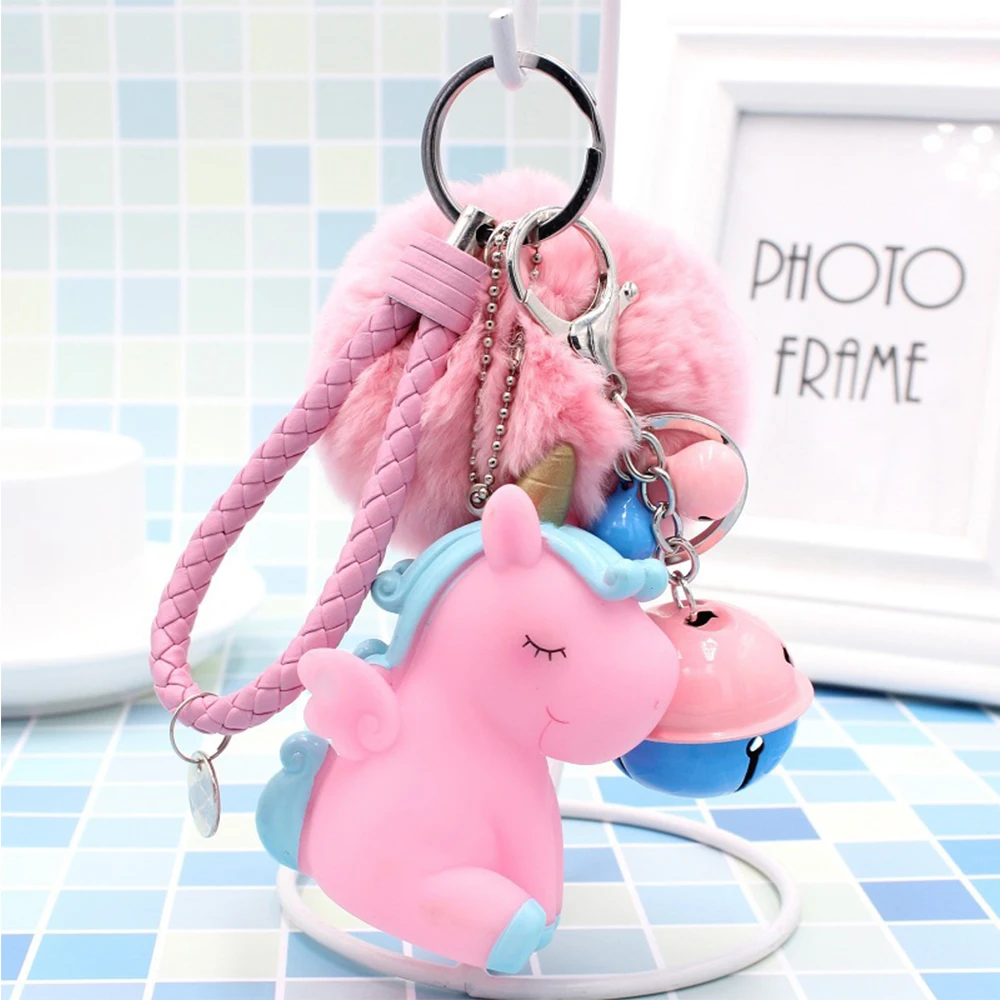 Kawaii Cartoon Unicorn Plush Keychain Fur Ball Pompons Key Ring Car Purse Bag Pendant Plush Toy - Color: U3