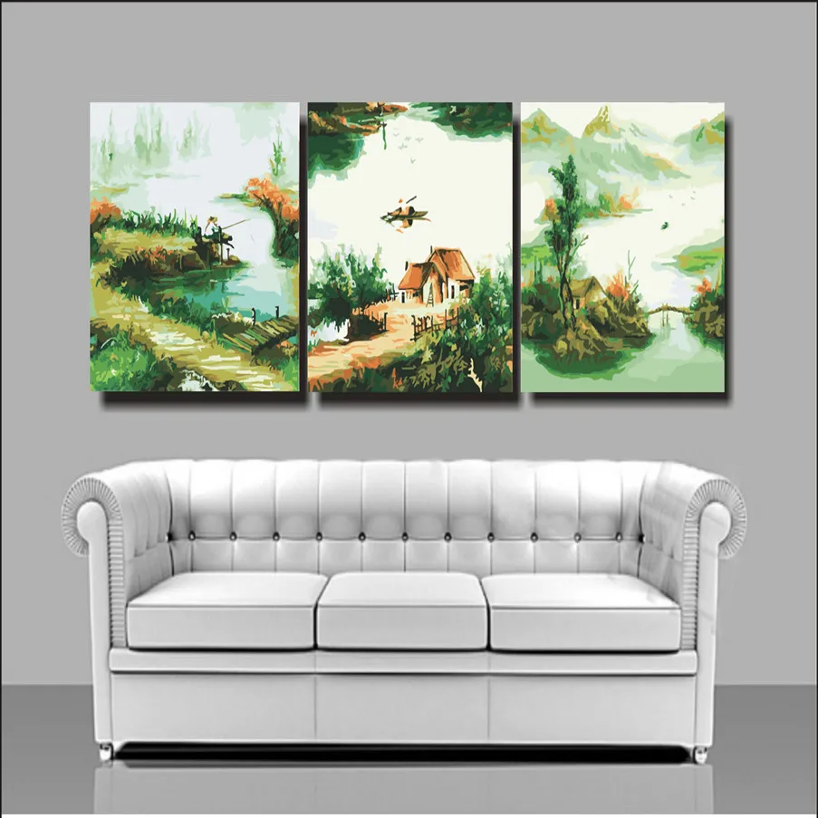 

House decoration landscape paintings cheap modern canvas art triptych painting 50X50X3 coloring by numbers hand painted S3047