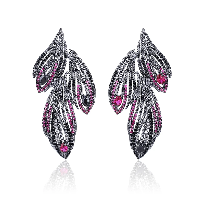 

XIUMEIYIZU Newest High Quality Vintage Colorful Cubic Zirconia Romantic Feather Stud Earrings For Women