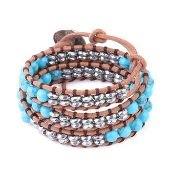 

Blue Style Lovely Multilayer Manmade Natural Stone And Hand Knotted Triple Leather Wrap Bracelet Beach Jewelry