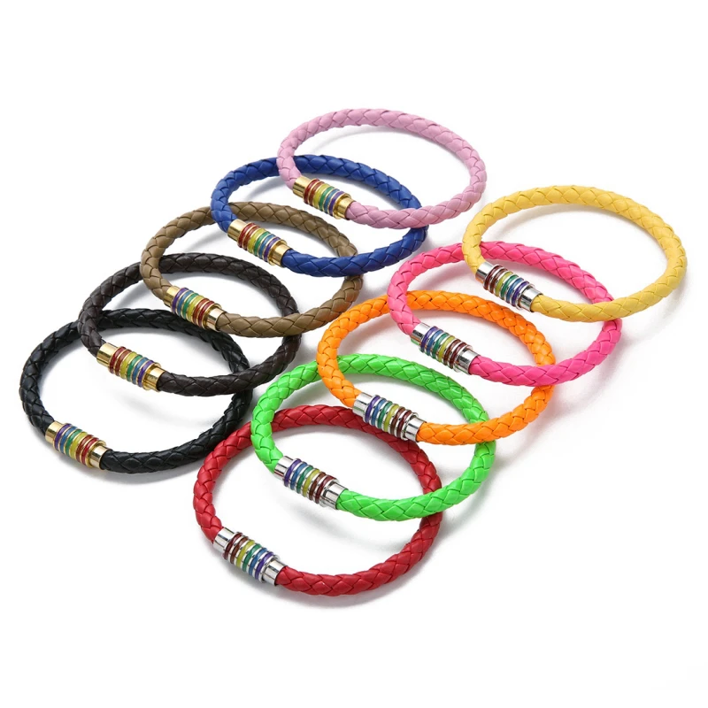 

LISTE&LUKE 1Pcs Colorful PU Braided Leather Bracelet Women Men Copper Gay Rainbow Magnetic Clasp Bracelet Bangle Jewelry