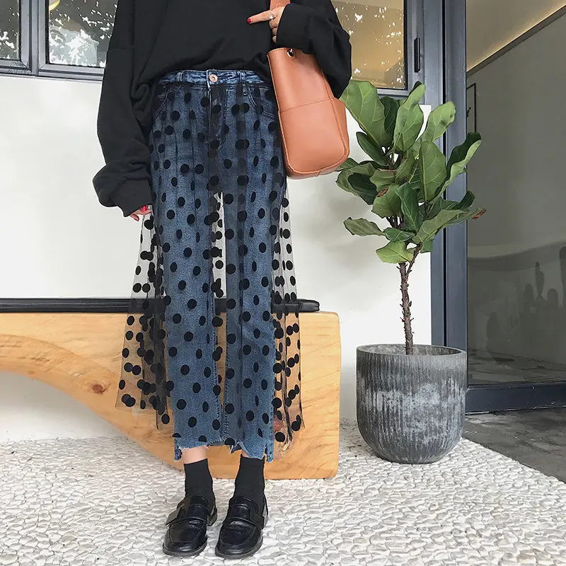 

Polka Dot Long Tulle Skirt Stitching High Waist Jeans Woman New Ladies Jeans Summer Pants Vaqueros Mujer Denim Jeans Femme C5606