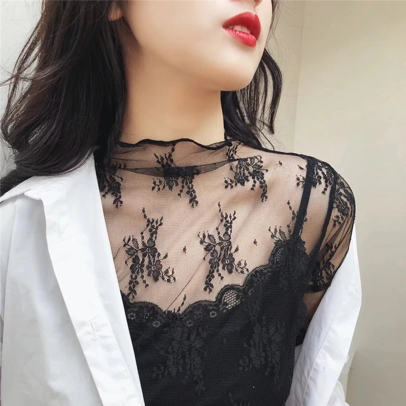 

Summer Women Sexy Mesh Lace Blouses Transparent Long Sleeve See-through slim Turtleneck Basic Blouses Shirts Ladies Tops Female
