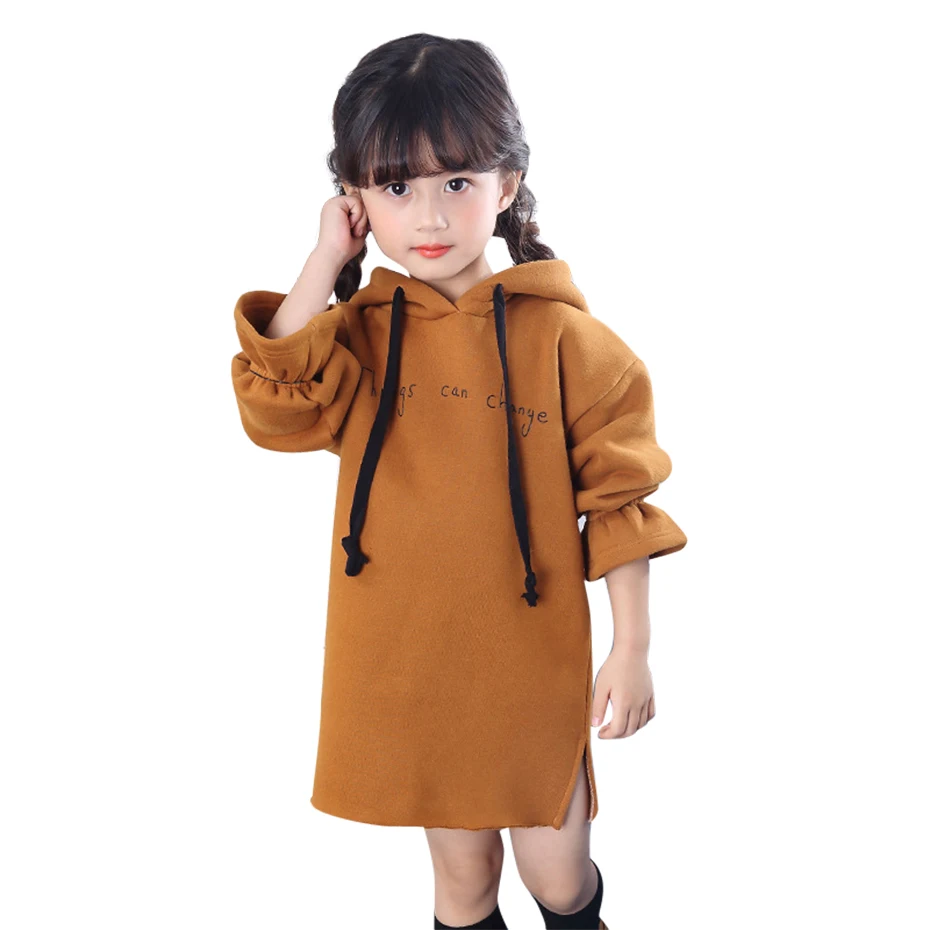Платья для девочек, весенние однотонные платья для детей, новые толстовки с капюшоном, платье Детская школьная одежда для девочек-подростков 6, 8, 10, 12, 13, 14