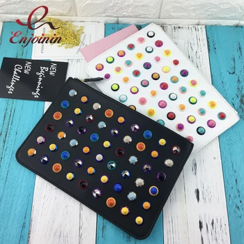 

Personalized fashion colored rivets pu leather punk ladies handbag envelope bag day clutches evening bag purse black & white