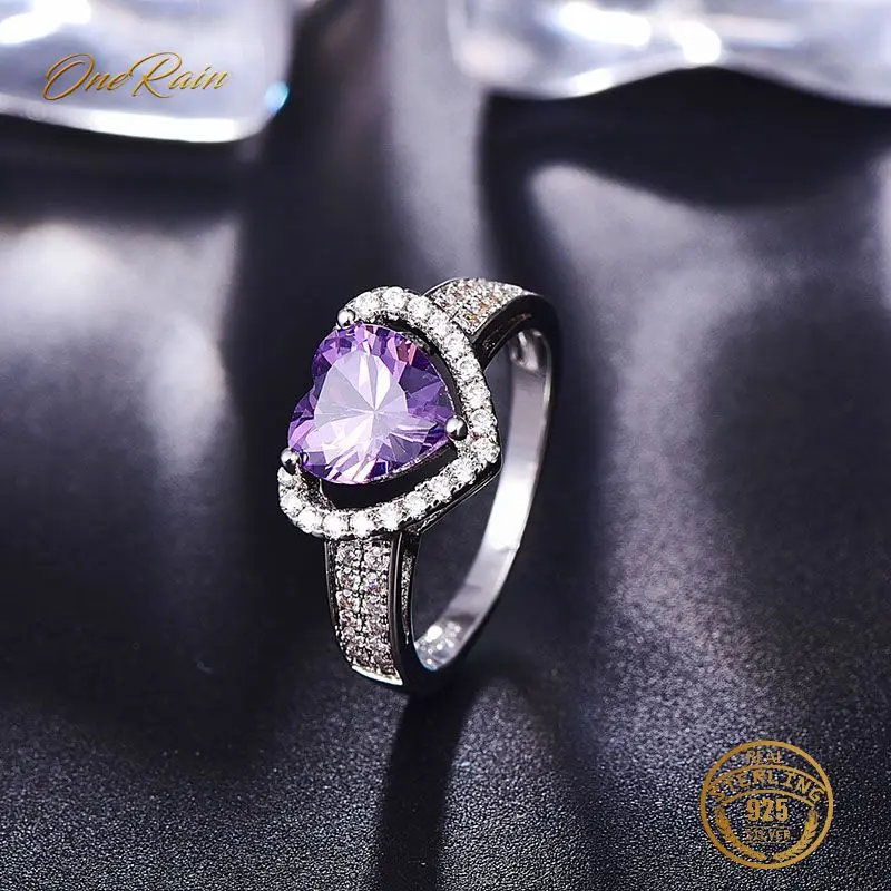 

OneRain 100% 925 Sterling Silver Love Heart Amethyst Morganite Gemstone Wedding Engagement Cocktail For Women Ring Jewelry