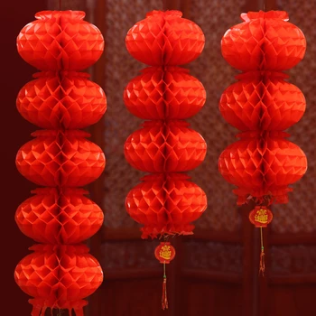 

Chinese Wedding Decoration Red Honeycomb Plastic Paper Lanterns Chinatown Wish Wealth Garden Outdoor Decor String Garland Craft