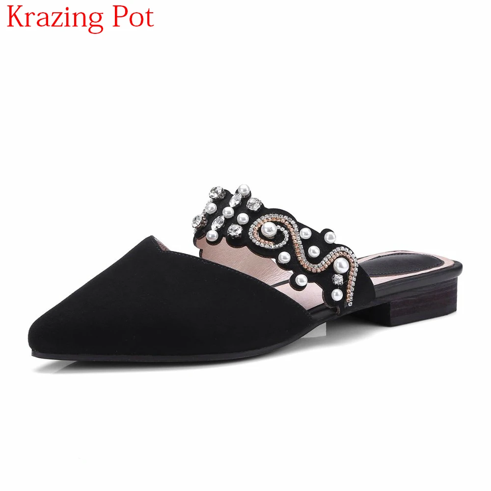 

2018 Genuine Leather Pointed Toe Gladiator Solid Thick Heel Slingbacks Mules Diamond Pearl Preppy Style Party Women Sandals L5f3