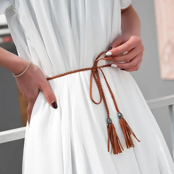 

Hand-Knitted Long leather Designer Braid Waist Tassel Belts Women Thin Waist Rope 130cm Belts All-match PU String Cummerbunds
