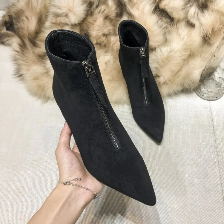 MLJUESE 2020 women ankle boots Velvet zippers pointed toe winter short plush high heels boots women socks boots party dress