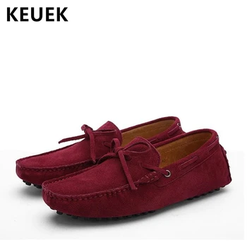 

New Arrival Men Slip-On Flats Split Leather Loafers Soft Comfortable Driving shoes Fashion Bow-knot Male Boat shoes 02A