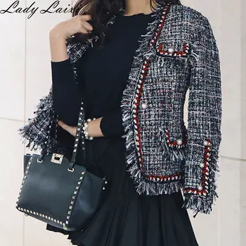 

2019 Autumn Winter Tweed Jacket Coat Women Long Sleeve Pearls beading tassel Coat Casaco Feminino