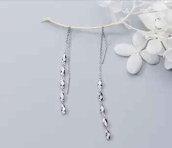 

1pair Real. 925 Sterling Silver Fine jewelry Twisted Leaf dangle Threader earrings Women's GTLE2678