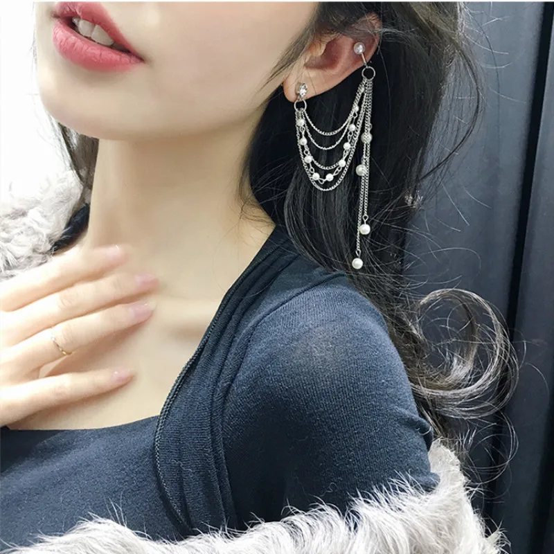 

2019 New Fashion Tassel Chain Imitation Pearl Earrings For Women Punk Style Ear Cuff Clip Earrings Female Jewelry