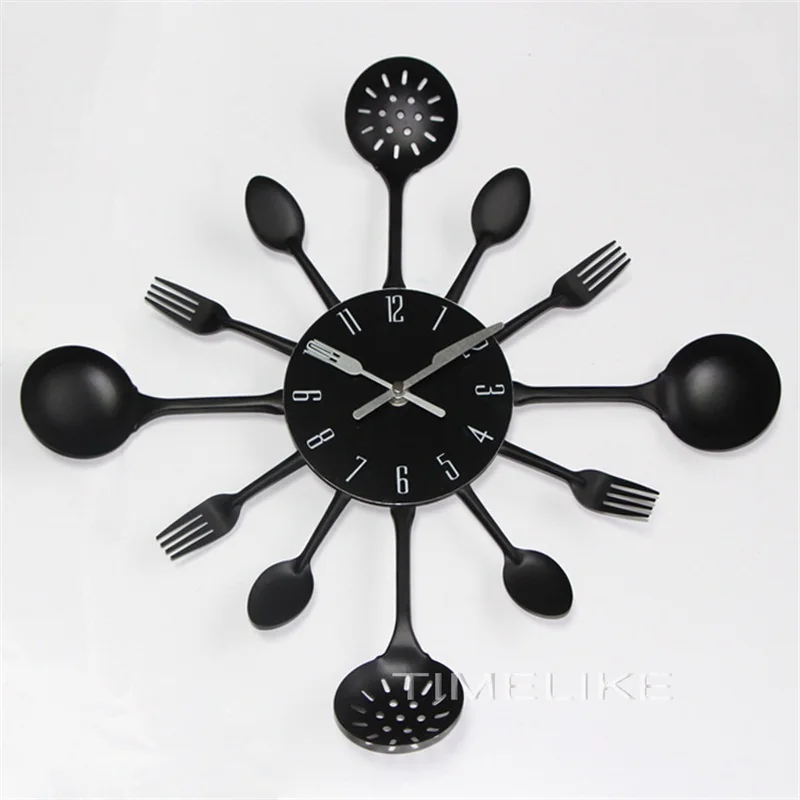 16 дюймов Большой размер высокое качество металлические кухонные настенные часы вилка ложка кухонные настенные часы специальный подарок - Цвет: Черный