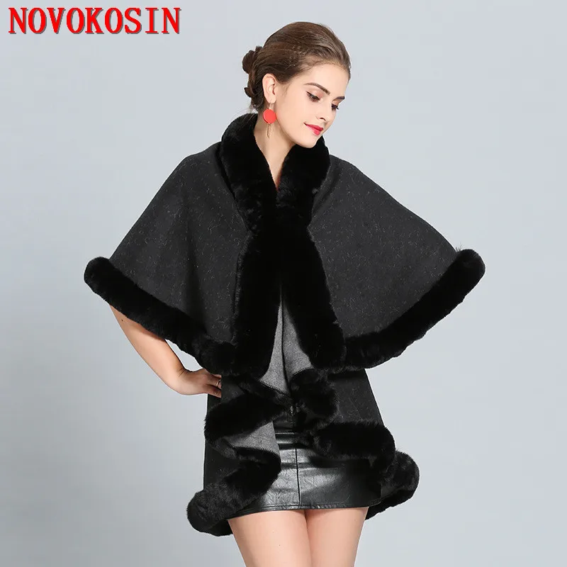 Goedkoop C276 2018 Winter Warm Zwarte Lange Mantel 2 Lagen Poncho Cape Oversize Trui Vrouwen Imitatie Vossenbont Europese Vest Jas