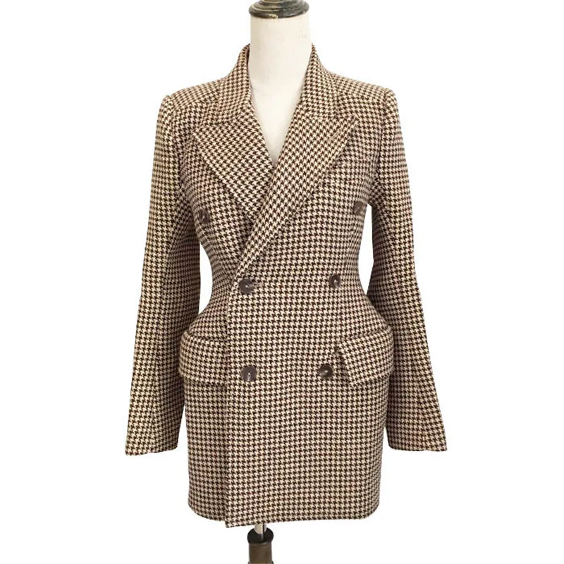 

Female Autumn Winter Houndstooth Double-Breasted Waist Suit Temperament Vintage Plaid Suit Coat Female All MatchThick Suit A161