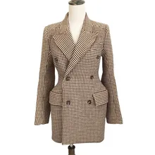Женский осенне-зимний двубортный приталенный костюм с узором «гусиная лапка», винтажный клетчатый костюм, пальто, Женский плотный костюм А161