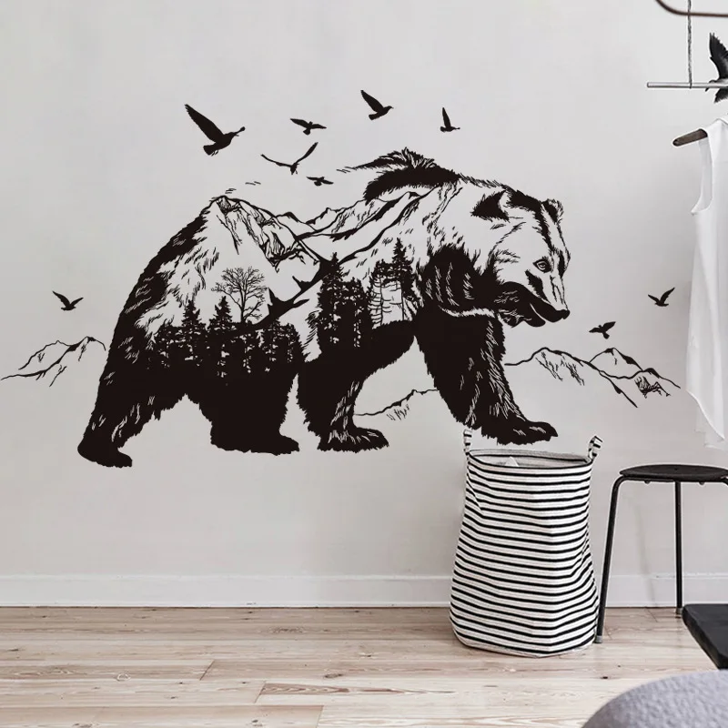 

INKANEARE Nature Mountain Forest Realistic Animal Black Bear Decorative Living Room Bedroom Wall Sticker Decorative