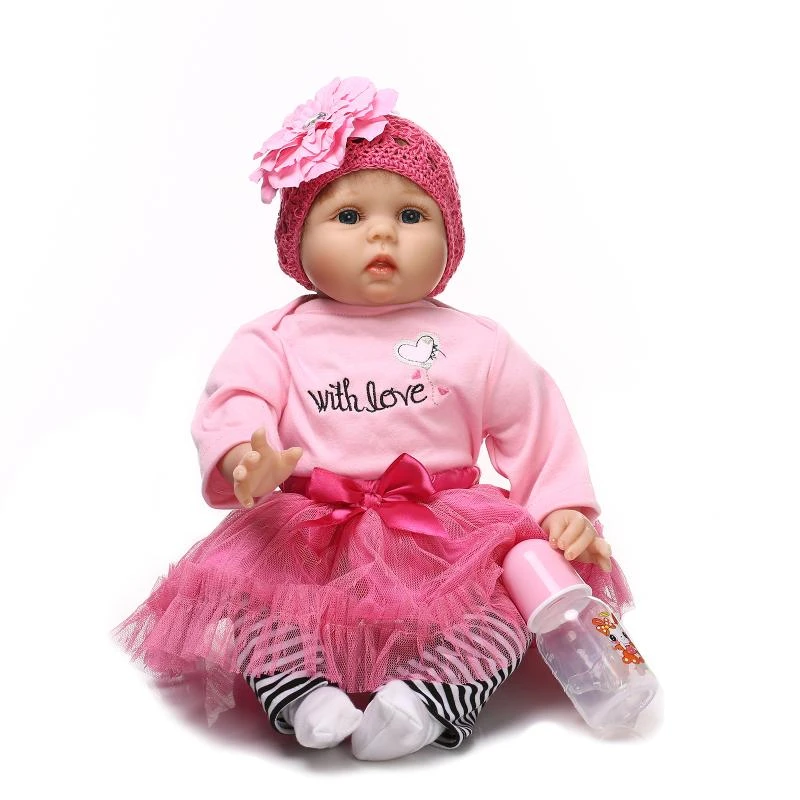 

55cm/22" Lifelike Reborn Pink Dress Baby Girl Dolls Silicone Vinyl Handmade Toy with Bottle Doll Collection