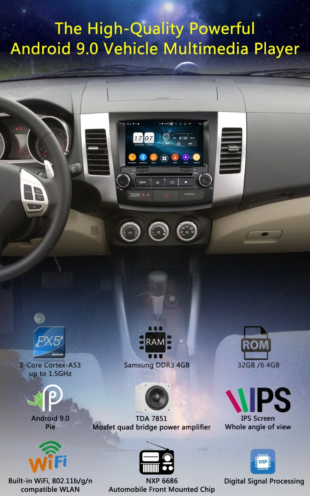 Discount 8" IPS 1920*1080 8Core 4G RAM+64G ROM Android 9.0 Car DVD Player For Mitsubishi Outlander 2006-2012 DSP Radio GPS Parrot BT Adas 1