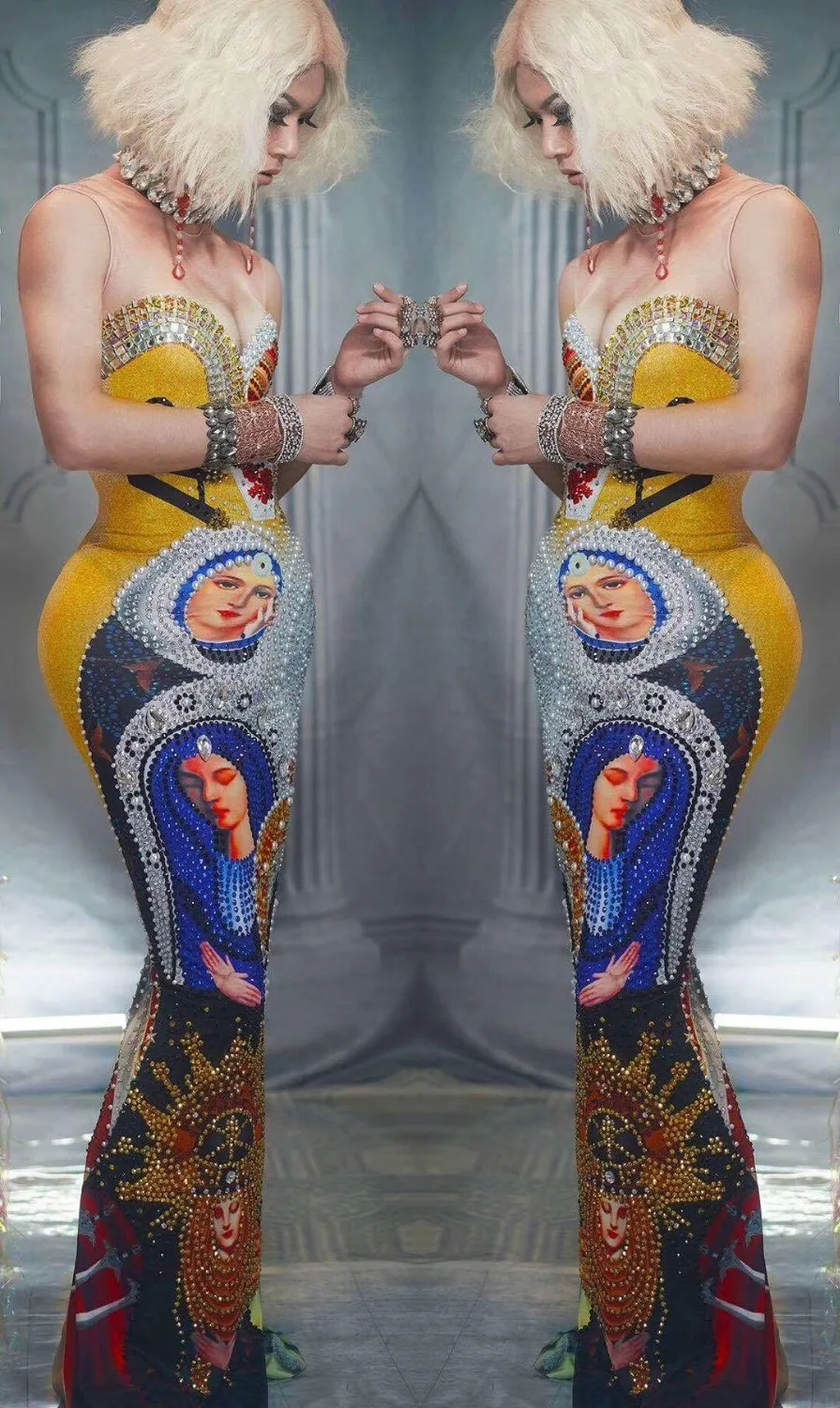 

High Quality Bright Print Beading Strapless Long Bodycon Dress Dj Party Singer Costumes Dress