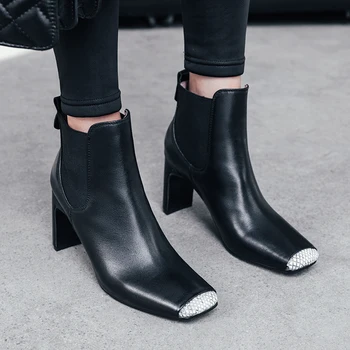 

ISNOM High Heels Ankle Boots Women Snake Skin Cow Leather Booties Fashion Stitching Square Toe Shoes Female Winter Shoes Ladies