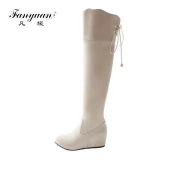 

Fanyuan 2017 autumn winter hot sale new arrive women boots fashion zipper flock wedges over the knee boots simple comfortable