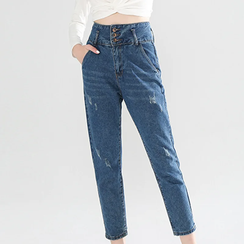 Lguc. H 7/8 джинсы для мам, свободные рваные джинсы с высокой талией, повседневные женские джинсы, Летние Осенние брюки, женская уличная одежда синего цвета XL