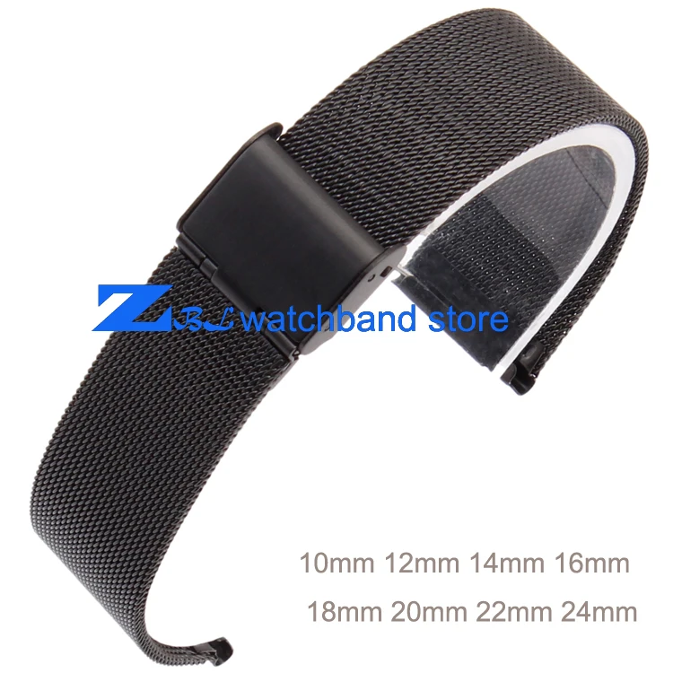

10mm 12mm 14mm 16mm 18mm 20mm 22mm 24mm ultra-thin Black Stainless steel Watchband Mesh strap width Bracelets Watch band