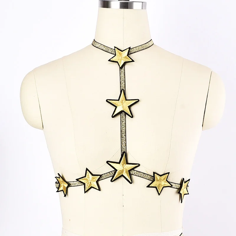 

JLX.HARNESS PENTAGRAM Gold color Sparkling Hanging Neck Bondage Body Harness Belt Fetish Cage Bra elastic adjustable Handmade