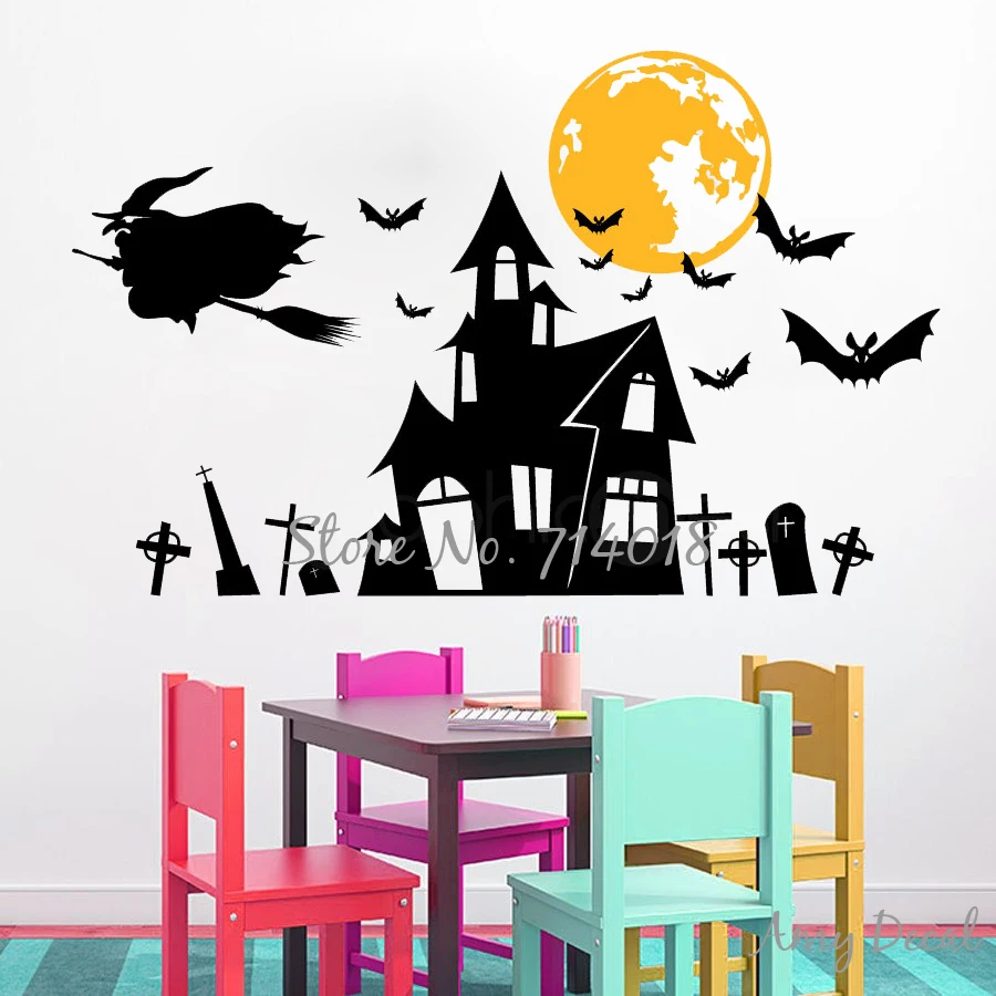 Witch's Haunted House Halloween Wall Decals, Bats Moon Halloween Wall
