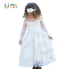 Girl Lace Long Dress Flower For Age 2-12 Baby Kids Princess Formal Wedding Prom Party Dress White/Cream Big Bow Sweet Clothing