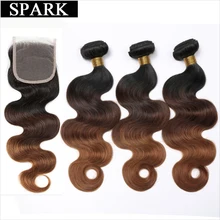 Spark Ombre Brazilian Body Wave Human Hair Bundles with Lace Closure Free Part Remy Hair Weave 3 Bundles with Closure T1B/4/30